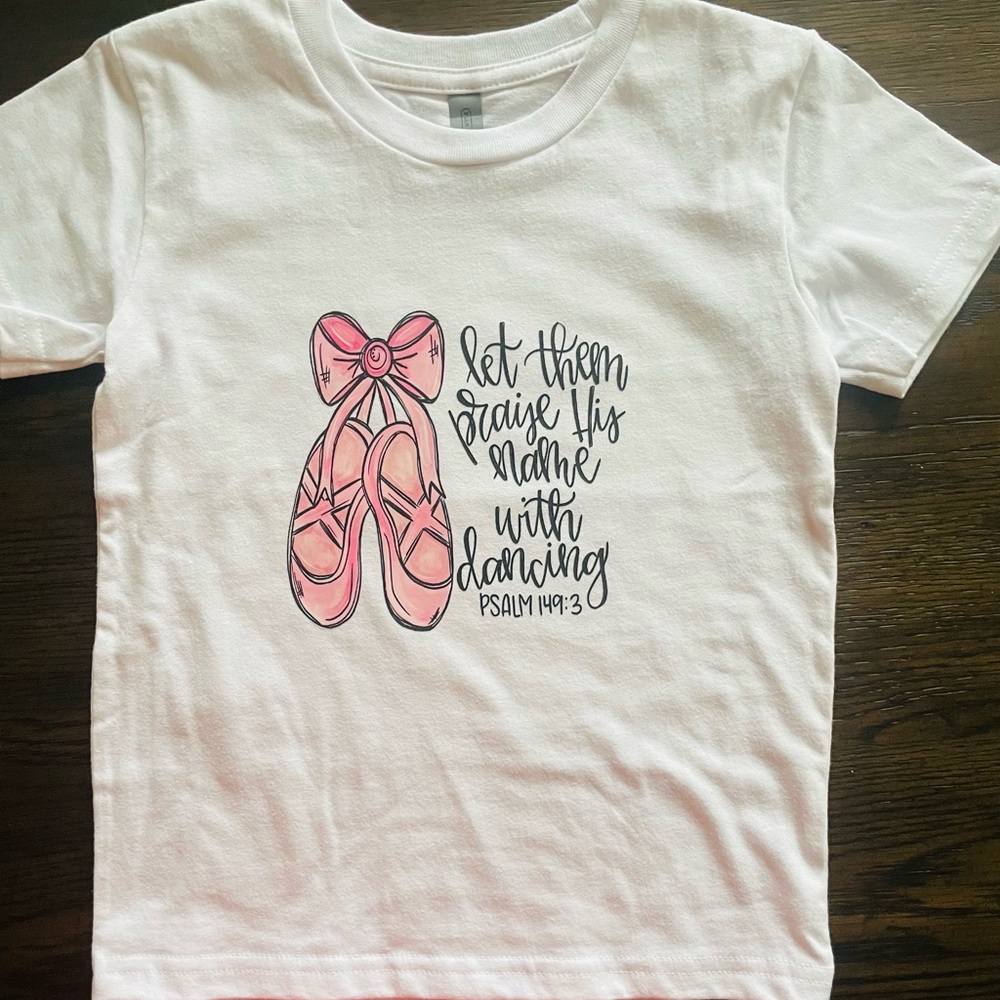 Girls White Short Sleeve Tee with Pink Ballet Shoes Graphic